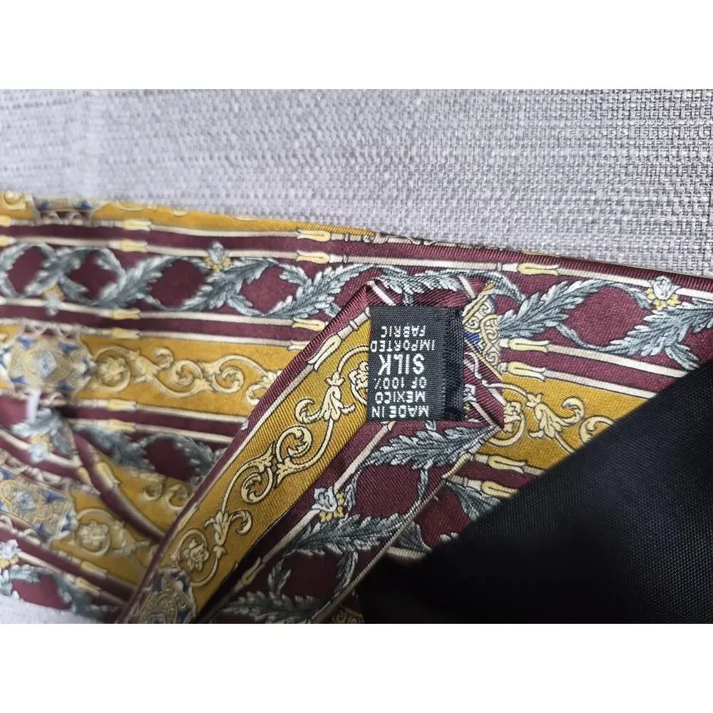 Bill Blass Tie Mens Silk Necktie Gold Burgundy Stripe Baroque Scroll Classic